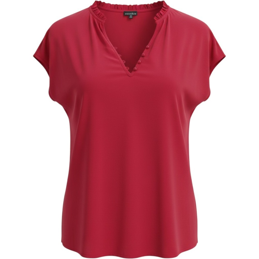 Zenobia Blouse Womens Plus 1XL Red Ruffle Neck Tulip Sleeve V-Neck Top Career